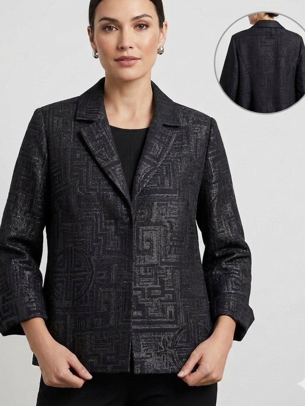 Chico's Black Silver Metallic Chinoiserie Blazer Jacket 1 (8) Art to Wear Luxe